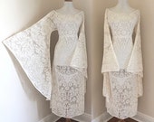 Vintage Beige Cotton Lace Boho Hippie Desert Wedding Dress Victorian Edwardian Sheer Cotton LACE 70s Bell Sleeve Short Dress Bohemian
