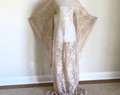 Champagne Lace Wedding Dress Boho Art deco Draped Sheer lace crochet Wedding Gown Vintage Lace Beach Farm Wedding Dress w Bell Sleeves
