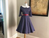 Womens Polka Dot Dress Vintage Womens Navy Blue Polka Dot Dress 50s 60s Full Skirt Shirt Dress I love Lucy Rockabilly Mad Men Costume