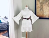 Bell Sleeve Vintage 70s White Crochet BoHo wedding Mini dress Hippie Desert Wedding Dress 1970s Sheer LACE Angel Sleeve MiNi Festival Dress
