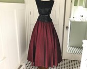 Vintage Formal Skirt 60s womens Cranberry Red Long Full Maxi Skirt Mad Men Rockabilly Secretary Costume High Waisted Skirt Size Small