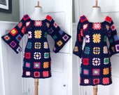Vintage 70s Granny Square Dress BoHo Hand Knit Crochet Angel Bell Sleeve HIPPIE Rainbow Mini Afghan Festival 1970s Grannysquare Dress