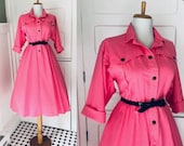 Vintage 50s 80s Pink Shirt Dress Women 39 s Cotton Full Skirt Day Dress Mad Men I Love Lucy Costume Rockabilly Shirtdress Dress