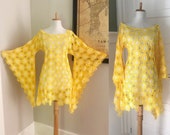 Sunflower Crochet Boho Hippie Dress Vintage 70s Yellow Guipure Lace Bell Sleeve Hippie Dress BoHo 1970s Bride Crochet Sheer mini Dress