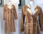 Vintage 70s Brown Suede Shearling Coat Light Brown Long SUEDE Leather Jacket W Faux Shearling 1970s Penny Lane Boho Hippie Coat Small