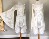 Cream Lace Wedding Dress Vintage BoHo Bride Hippie Wedding Festival Dress Sheer Cream White Crochet LACE Angel Bell Sleeve Dress L
