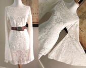 Cream Lace Wedding Dress Vintage BoHo Bride Hippie Wedding Festival Dress Sheer Cream Off White Crochet LACE Angel Bell Sleeve Dress M L