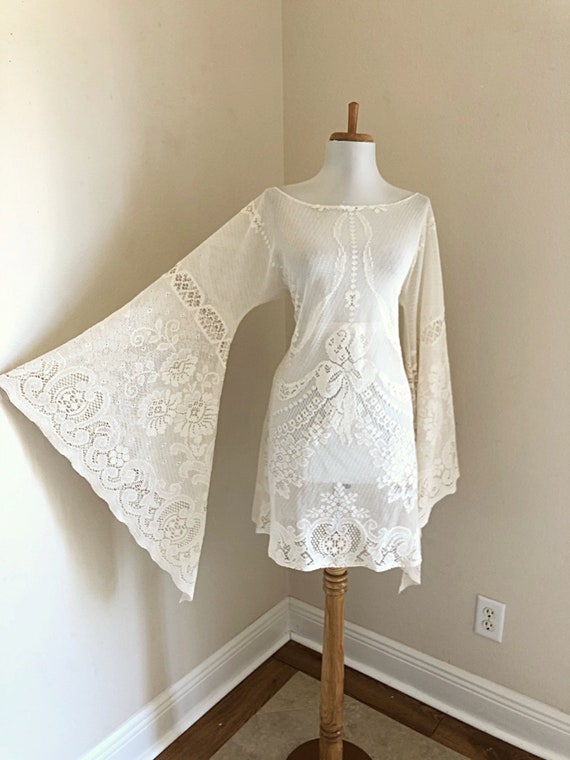 Cream Lace Wedding Dress | Vintage L XL BoHo Hipp… - image 5