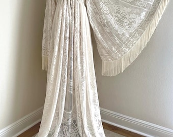Boho Cream Lace Wedding Dress with Empire Waist & Long Fringe Sleeves, Maternity Friendly