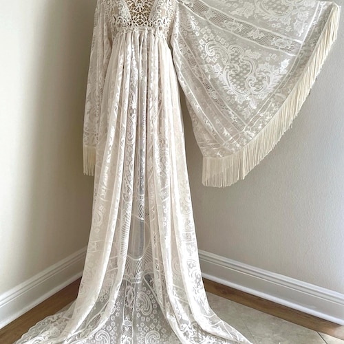cream lace wedding dress with sleeves Floral Lace Cream Color Bridal Dress with Ruffle Sleeve - Alisse Bridal Cream / Lace