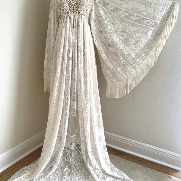 Boho Cream Lace Wedding Dress with Empire Waist & Long Fringe Sleeves, Maternity Friendly