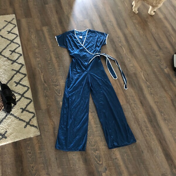 Vintage Women's 70's Jumpsuit | Navy Blue Nylon One Piece Romper | Avant Garde High Waisted Beach Pajamas Palazzo Pant Suit Plunging V Wrap