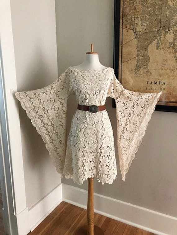 Bell Sleeve Vintage 70s Cream Crochet BoHo weddin… - image 6