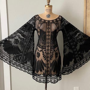 Full angel sleeve view for the black shear lace, Boho dress