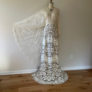 Two Tone Ivory & Brown Lace Rustic Wedding Dress, Photoshoot Dress, Deep V Wedding Dress,Boho Maternity Dress,Vintage lace,Bell Sleeve Dress