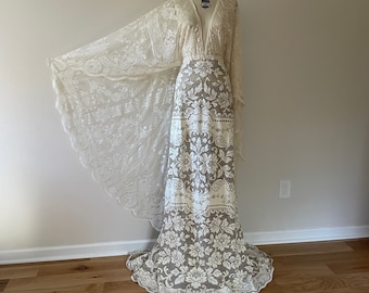 Two Tone Ivory & Brown Lace Rustic Wedding Dress, Photoshoot Dress, Deep V Wedding Dress,Boho Maternity Dress,Vintage lace,Bell Sleeve Dress