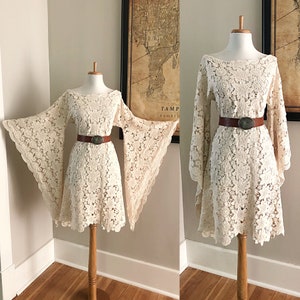 Bell Sleeve Vintage 70s Cream Crochet BoHo wedding Mini dress Hippie Desert Wedding Dress 1970s Sheer LACE Angel Sleeve MiNi Festival Dress