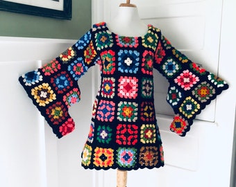 Vintage 70s Granny Square Custom Made Dress | BoHo Hand Knit Crochet Angel Bell Sleeve HIPPIE Rainbow Afghan Festival Grannysquare Dress