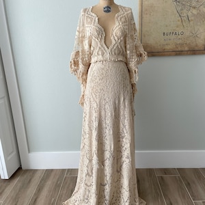 Charming Antique Lace Dress, Photoshoot Dress with Fringe, Bell Angel Sleeve Dress, Maternity Photoshoot Dress, Pregnancy Photoshoot Dress