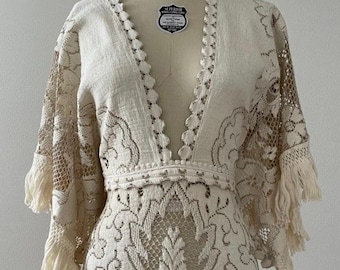 Two Tone Bohemian Wedding Dress with Vintage Lace, Angel Sleeves and Plunging V Neck