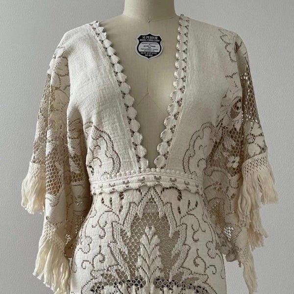 Two Tone Bohemian Wedding Dress with Vintage Lace, Angel Sleeves and Plunging V Neck