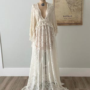 Off White Lace Wedding Dress with Plunging Deep V and Boho Bell Sleeves