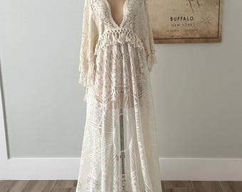 Off White Lace Wedding Dress with Plunging Deep V and Boho Bell Sleeves