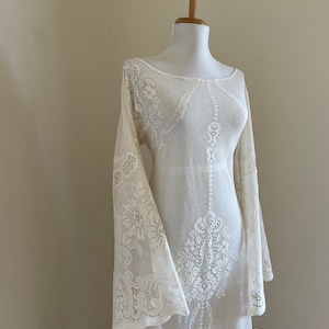 Boho Sheer Cream Lace Wedding Dress with Roses and Bows, Womens Long Sleeve Hippie Lace Wedding Gown, Cream lace Bell Sleeve Maxi Dress