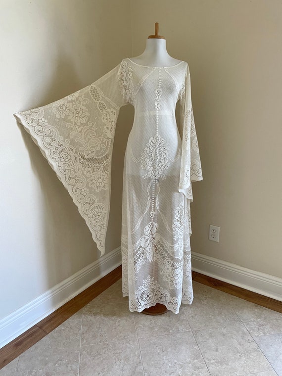 Boho Sheer Cream Lace Wedding Dress with Roses an… - image 4