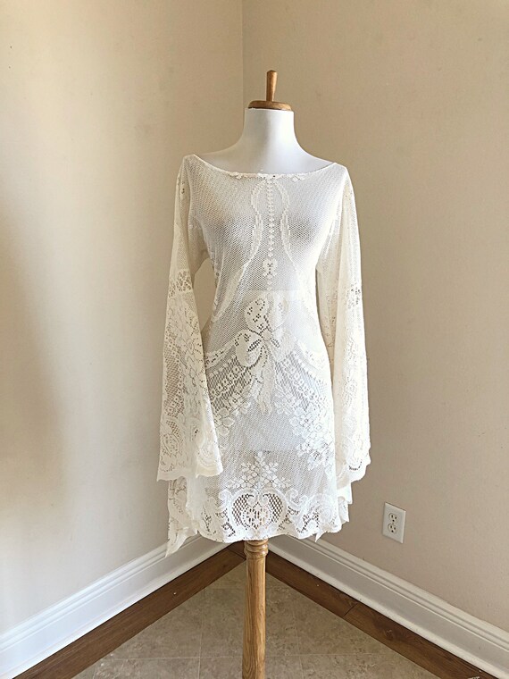 Cream Lace Wedding Dress | Vintage L XL BoHo Hipp… - image 7