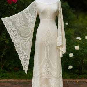 Daisy Jones Wedding Dress –  Boho Lace Gown from TV Show – Statement Bell Sleeve Bridal Dress in Cream Vintage Lace