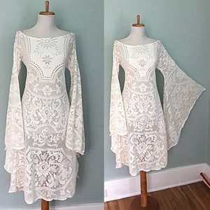 Custom Order Vintage Lace Hippie Wedding Dress | BoHo 1970s Bride Sheer White or Cream Crochet LACE Bell Sleeve HIPPIE Wedding Dress