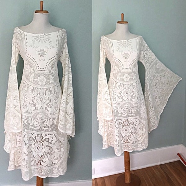 Orden personalizado Vintage encaje hippie vestido de novia / BoHo 1970s novia pura blanco o crema crochet encaje campana manga HIPPIE vestido de novia