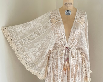 Boho Cream Lace Wedding Dress With Fringe Sleeves + Maternity Wedding Dress + Plunging + Photoshoot Dress + Maternity Lace Dress