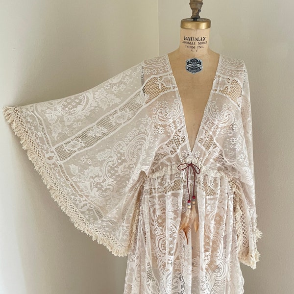 Boho Cream Lace Wedding Dress With Fringe Sleeves + Maternity Wedding Dress + Plunging + Photoshoot Dress + Maternity Lace Dress