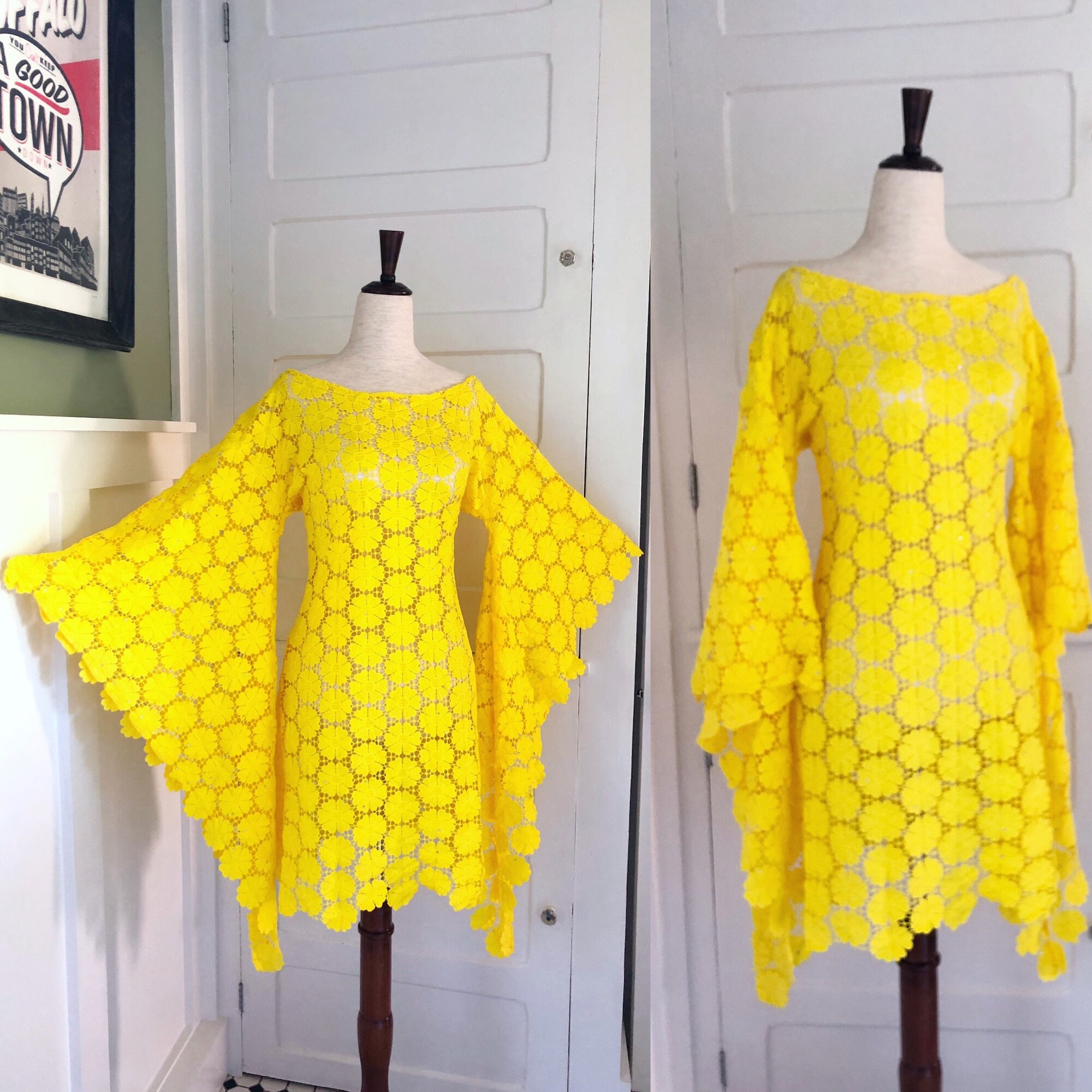Sunflower Crochet Boho Hippie Dress Vintage 70s Yellow Guipure Etsy UK
