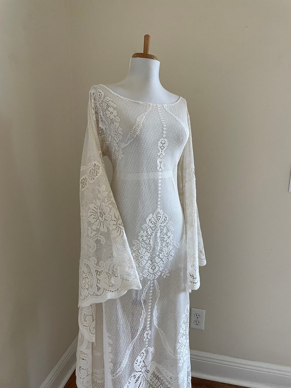 Boho Sheer Cream Lace Wedding Dress with Roses an… - image 6