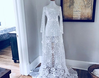 Boho Wedding Dress, Lace Bridal Dress, Unique Boho Wedding Dress, Vintage Wedding Gown, Bohemian Bride Gown, Long Bell Sleeve Wedding Gown