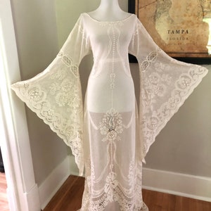 Vintage Lace Wedding Dress | Sheer Cream Lace BoHo Hippie Wedding Dress | Women's Victorian LACE Angel Bell Sleeve Maxi Dress