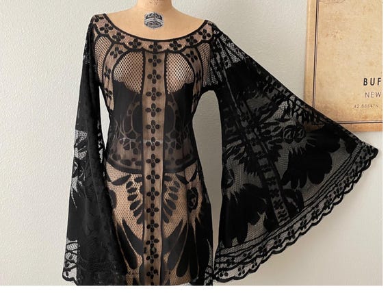 Gothic Black Lace Dress, Bell Sleeve Witchy Concert Outfit Sizes XS-3X