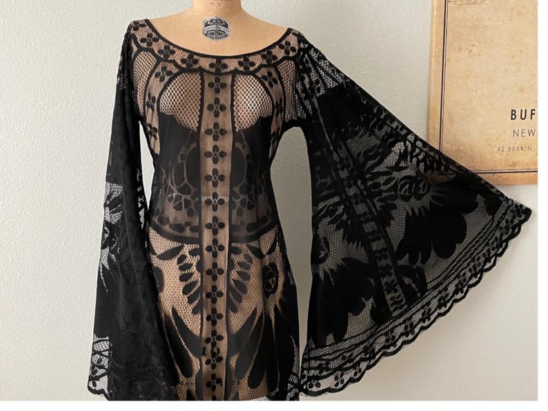 Short, black, handmade, sheer lace, Bell sleeve dress for concerts and weddings
