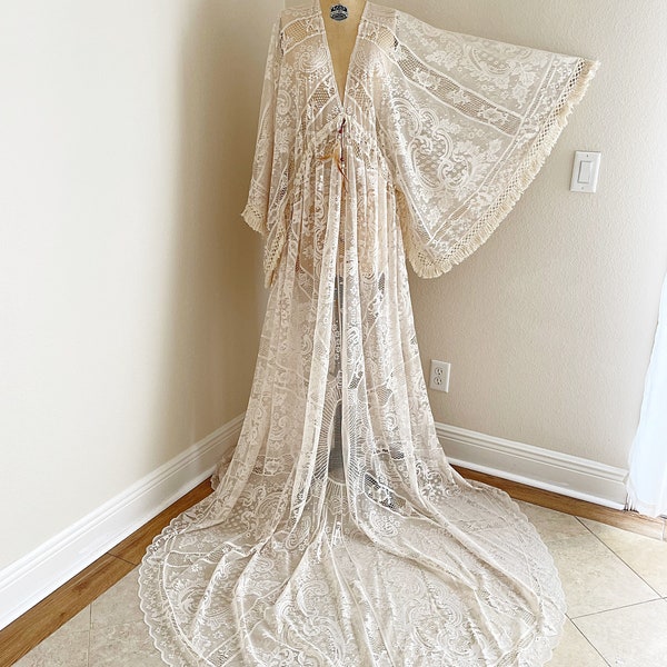 Boho Bridal Dress, Boho Lace Wedding Dress With Fringe Sleeves + Maternity Wedding Dress + Plunging + Photoshoot Dress + Elopement Dress