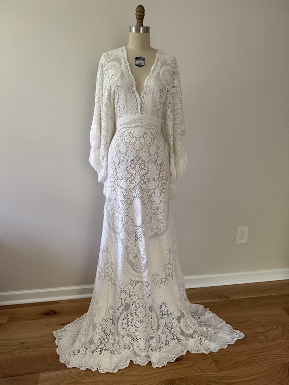 Boho Wedding Dress - Antique White Vintage Lace Gown with Fringe Sleeves & Adjustable Waist Boho Wedding Dress - Antique White Vintage Lace Gown with Fringe Sleeves & Adjustable Waist