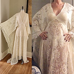 Vintage Lace Wedding Dress With Fringe, Wedding Dress Boho, Deep V Wedding Dress, Boho Maternity Dress, Bell Sleeve Dress, Photoshoot Dress