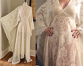 Vintage Lace Wedding Dress With Fringe, Wedding Dress Boho, Deep V Wedding Dress, Boho Maternity Dress, Bell Sleeve Dress, Photoshoot Dress