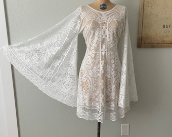 Handmade Short Lace Boho Wedding Dress with Bell Sleeves, Simple Elopement Gown