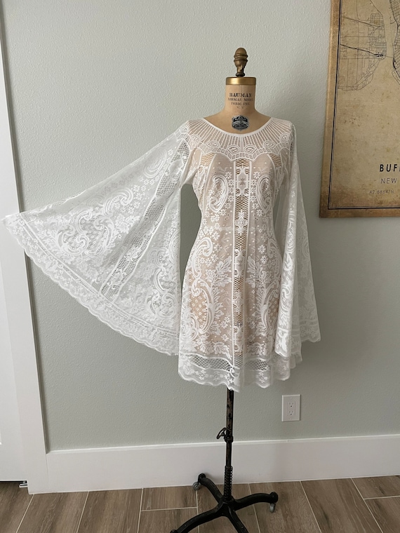 Handmade Short Lace Boho Wedding Dress with Bell Sleeves, Simple Elopement Gown