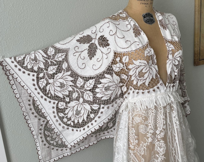 Featured listing image: Vintage Lace Wedding Dress: Boho Bell Sleeve Plunging Gown