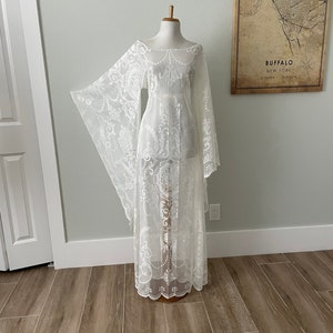 Vintage Lace Wedding Dress | Medium | Sheer Cream Lace BoHo Hippie Wedding Dress | Women's Victorian LACE Angel Bell Sleeve Maxi Dress
