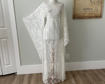 Vintage Lace Wedding Dress | Medium | Sheer Cream Lace BoHo Hippie Wedding Dress | Women's Victorian LACE Angel Bell Sleeve Maxi Dress